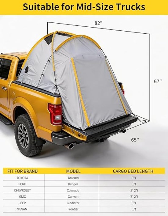 HOERFURIY pick-up laadbaktent klein model met steunen en luifel, 8 ft laadbak - 210D Oxford stof PU3000 waterdichte autotent voor kamperen, past op F150, Silverado, RAM, Sierra, Tundra — afbeelding 5