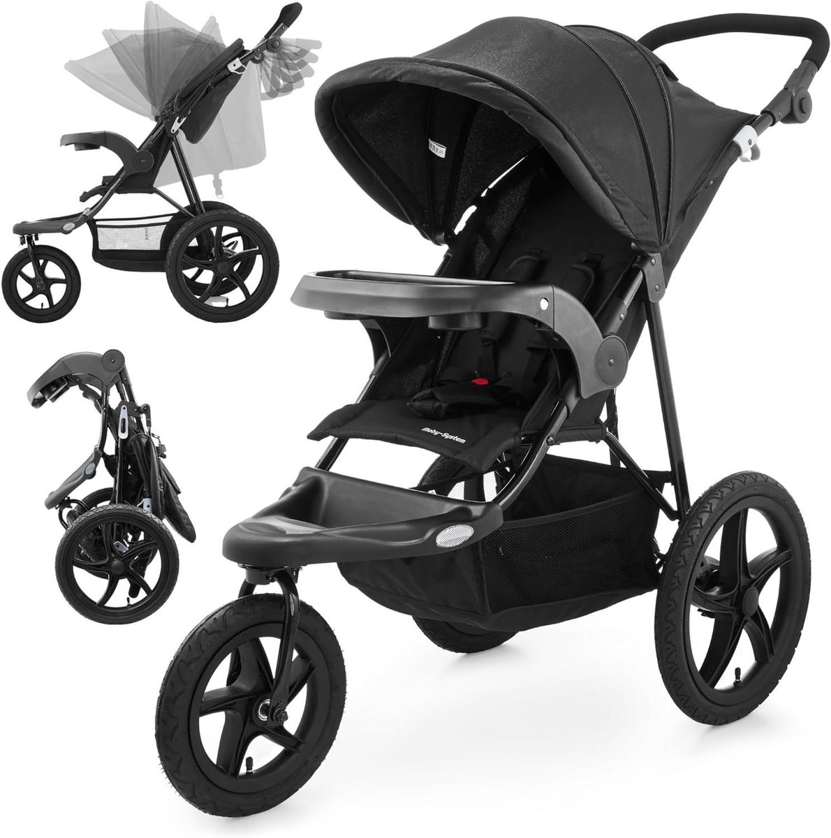 Kinderwagen Drie Wielen - Babywagen Offroad - Reizen met Baby - Reflecterende Strepen - Tot 15 kg - Zwart