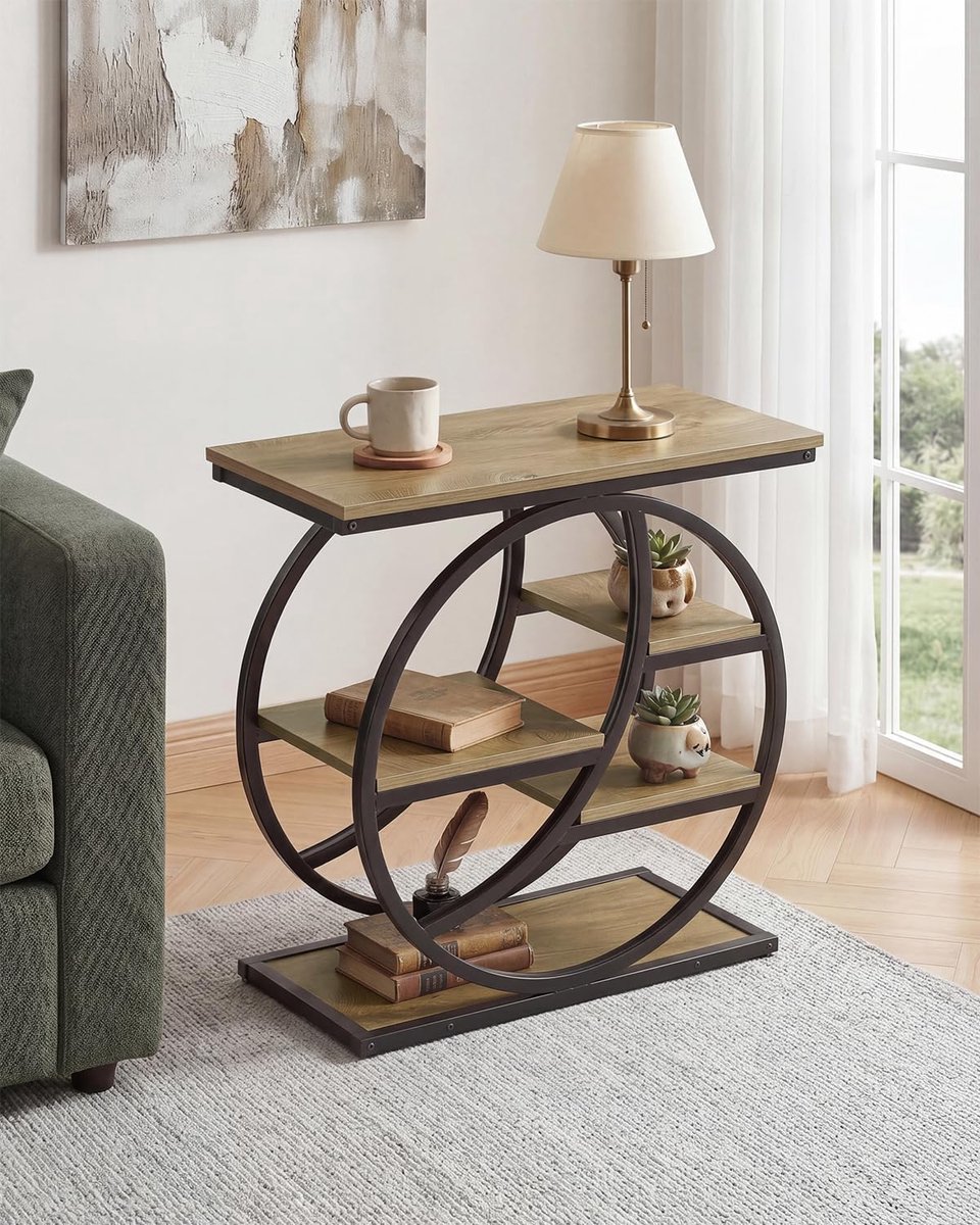 Tribesigns Bijzettafel - Eindtafel met 4 Opbergplanken - Houten Bijzettafel met Metalen Frames - Sidetable voor Woonkamer, Thuiskantoor, Slaapkamer - 65 x 30 x 65 cm - Rustiek Licht Eiken + Zwart