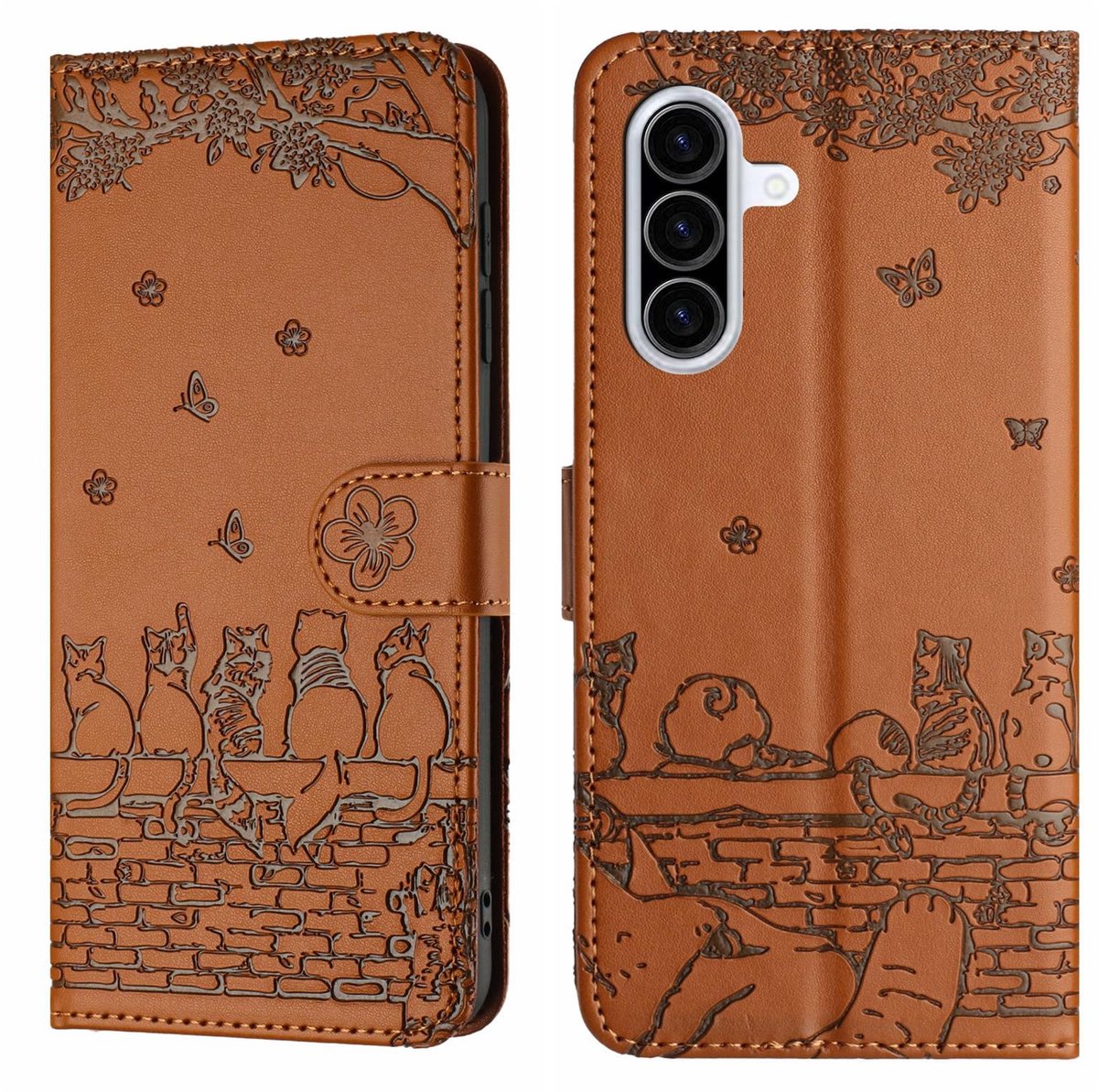 BookCover Hoes Etui geschikt voor Samsung Galaxy A27 - Bruin - Katten op Muurtje - Reliëf