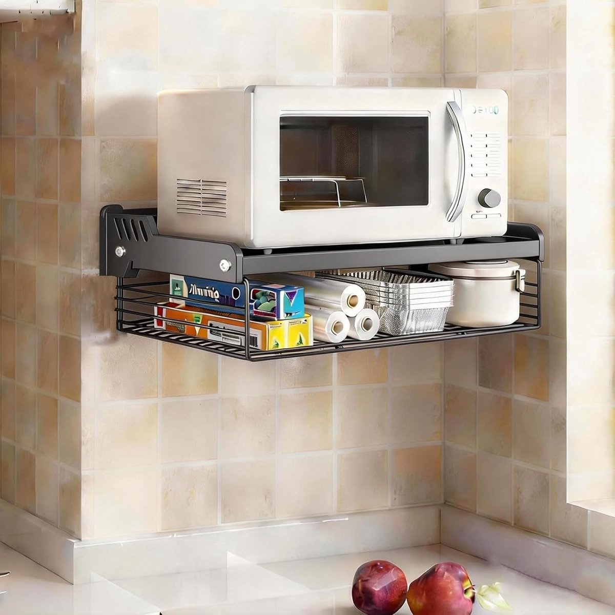 Hanging Magnetron Rek met 2 Niveaus en Opbergmand voor Keuken, Magnetron Plank 55 x 35 x 11 cm, Ruimtebesparend en Functioneel