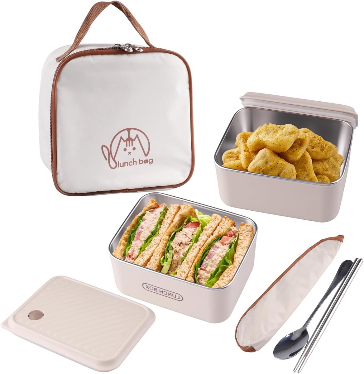 Bobypet - 2 Stuks RVS Voedselopslag Bakjes met Deksel - 600ml Lekvrije Lunchbox van Roestvrij Staal met Isolatietas en Bestek in Off-White