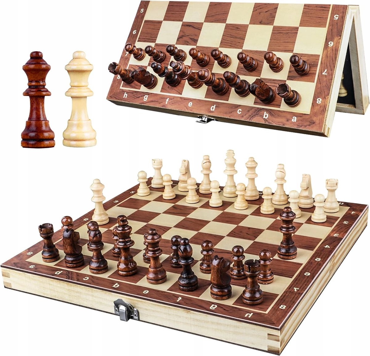 Schaakset voor volwassenen - houten draagbaar & inklapbaar magnetisch bord - beginners reizen schaakstukken met opbergbord.