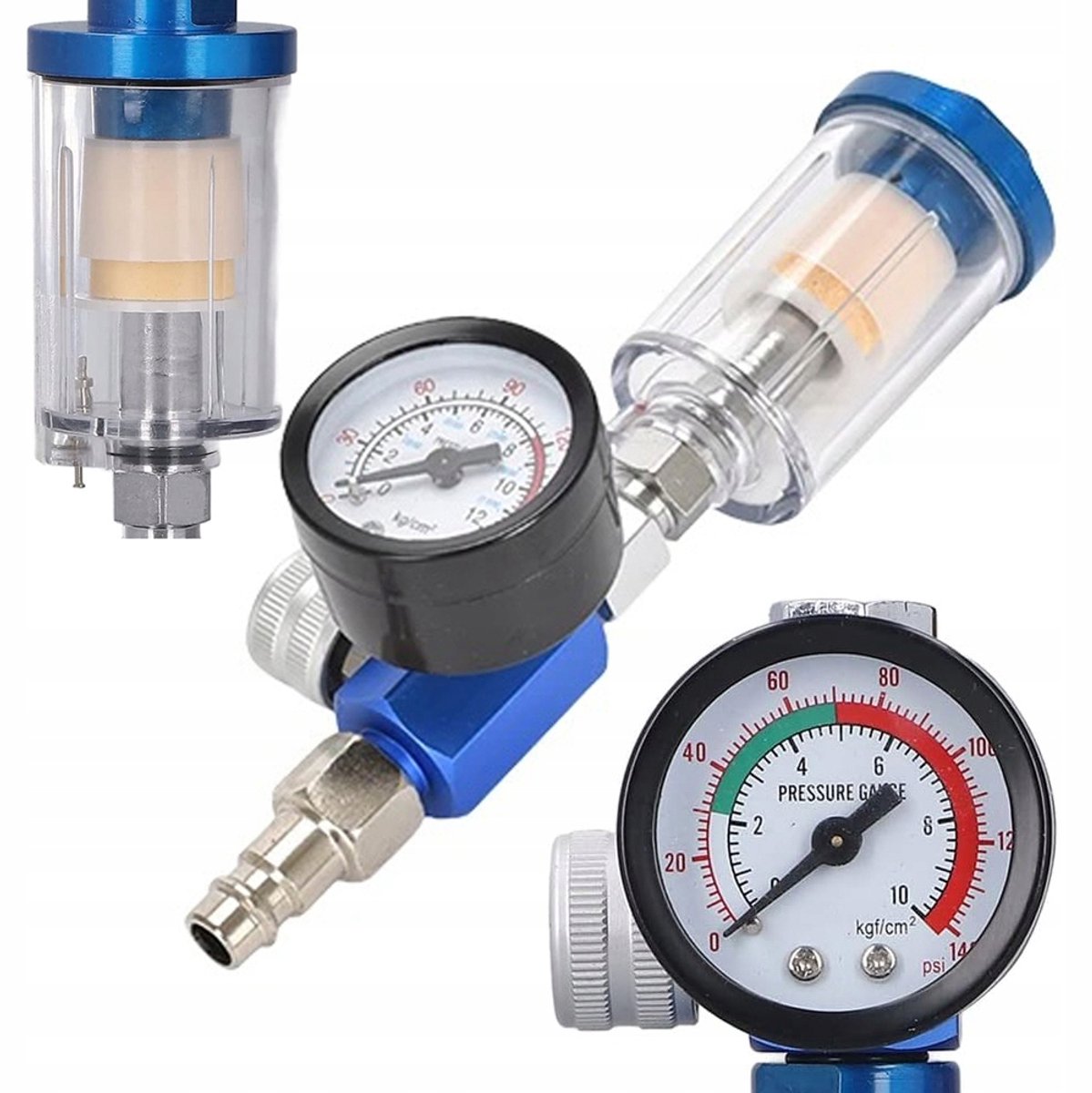 Rosfix Drukregelaar Spuitpistool - Waterafscheider met Kom - 1/4" 7 BAR, 0–140 PSI - Alu+Kunststof