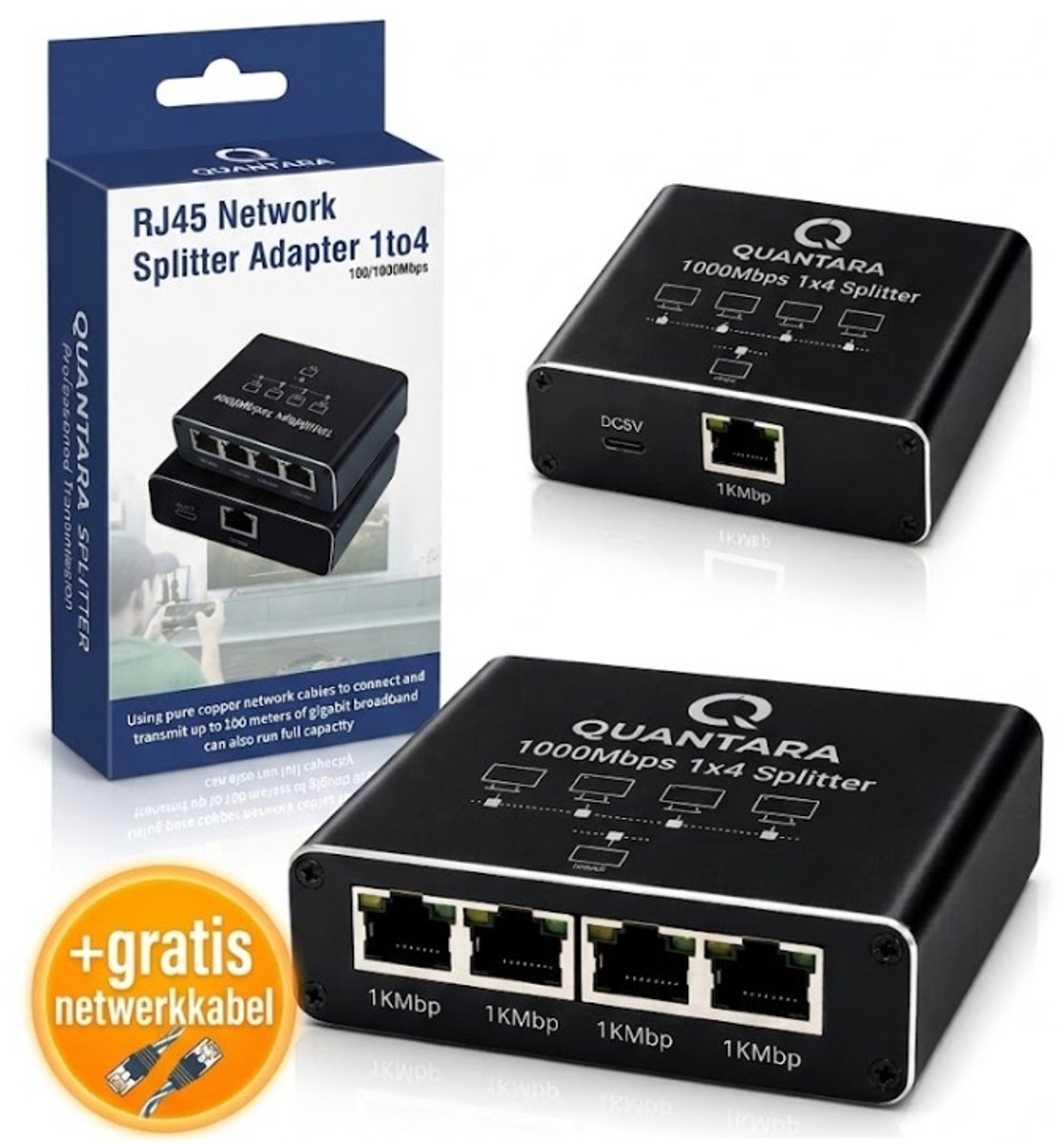 Quantara Internet Splitter 1 op 4 - Netwerk Switch - Gigabit 1000 Mbps - incl. CAT6 kabel - Ethernet splitter - RJ45, CAT5 t/m CAT8 - Netwerk Splitter