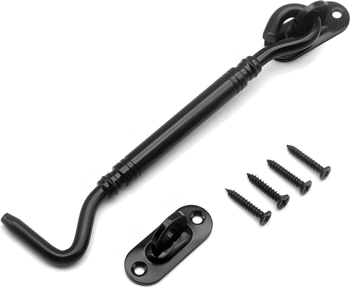 Robuuste zwarte stormhaak als raamstopper en deurgrendel voor optimale veiligheid binnen en buiten, perfect voor tuindeuren en schuifdeuren (10 cm)