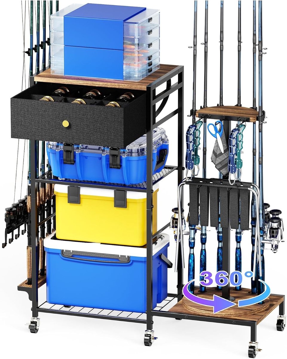 Rotatable Rod Holders voor Garage - Rod Rack Cart voor 12 Vissenstokken, Stick Storage en Organiser voor Vissers en Hengelsport Accessoires