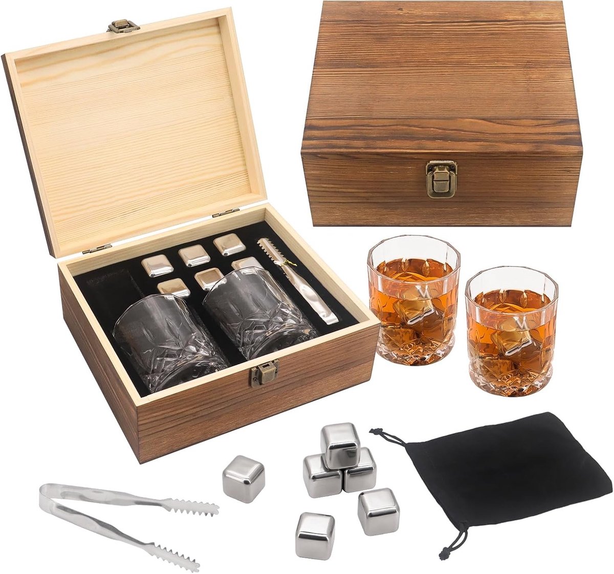 Set van 2 Whiskey Glazen met 6 Herbruikbare RVS Koelstenen in Houten Doos - Perfect Cadeau voor Whisky Liefhebbers