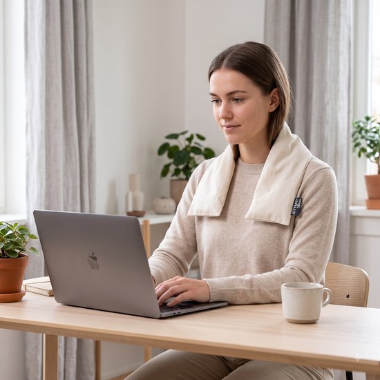 Een vrouw met een beige trui en grijze broek zit aan een bureau en typt op een laptop, met een nekwarmer om.