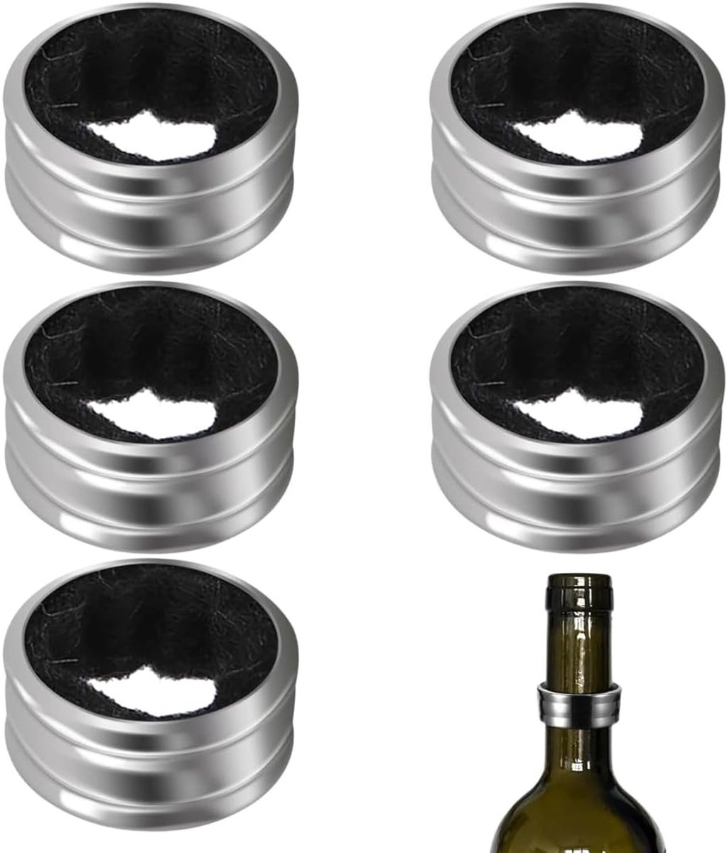 Set van 5 herbruikbare druppelvangers van roestvrij staal voor flessen, ideaal om wijnlekken te voorkomen, perfect voor thuis, bars en restaurants.