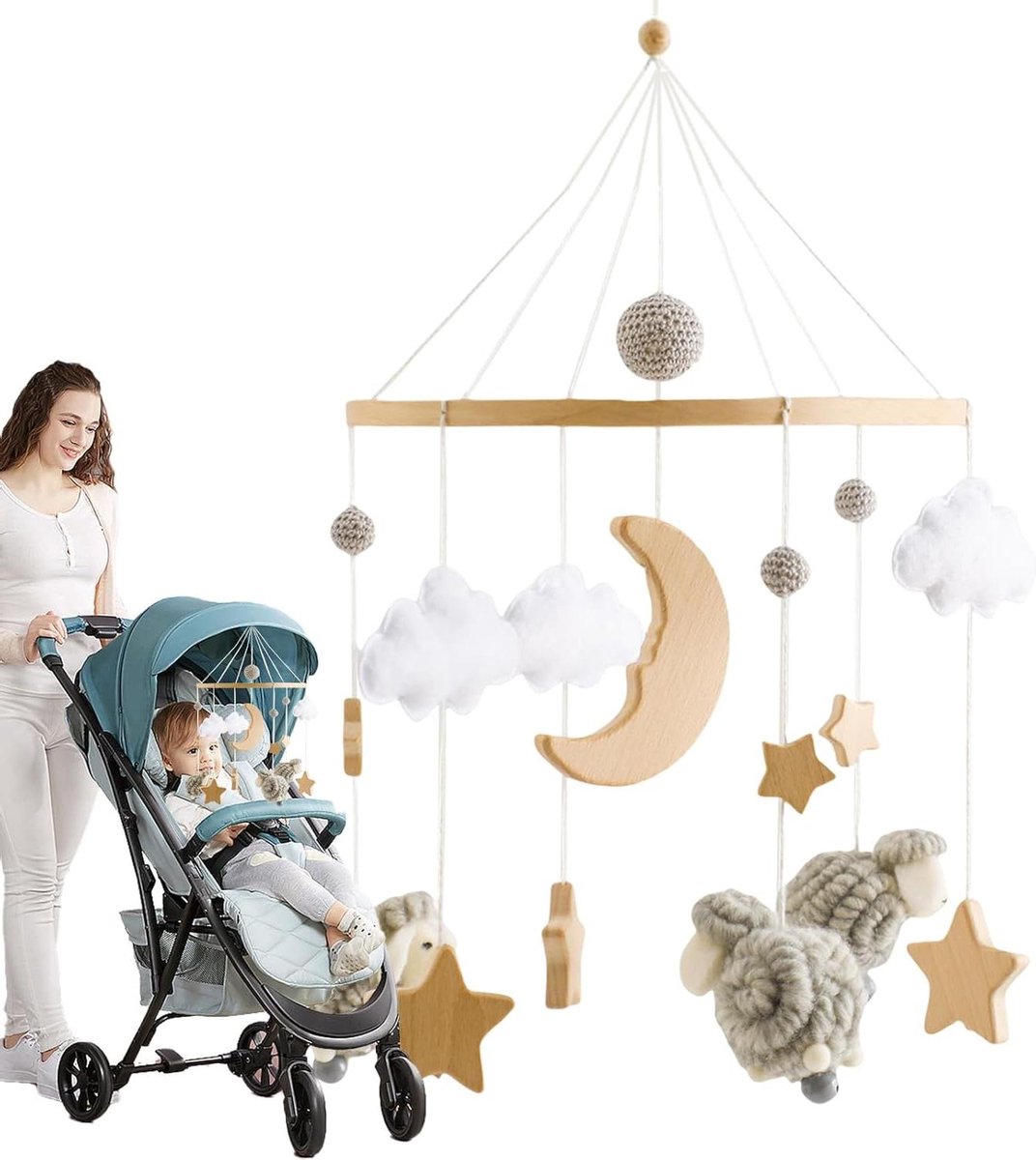 Babymobiel Hout - Muziekmobiel Kinderwagen - Babykamer Decoratie - Multisensorische Ontwikkeling - 26.4 x 25.1 x 4.7 cm - Grijs