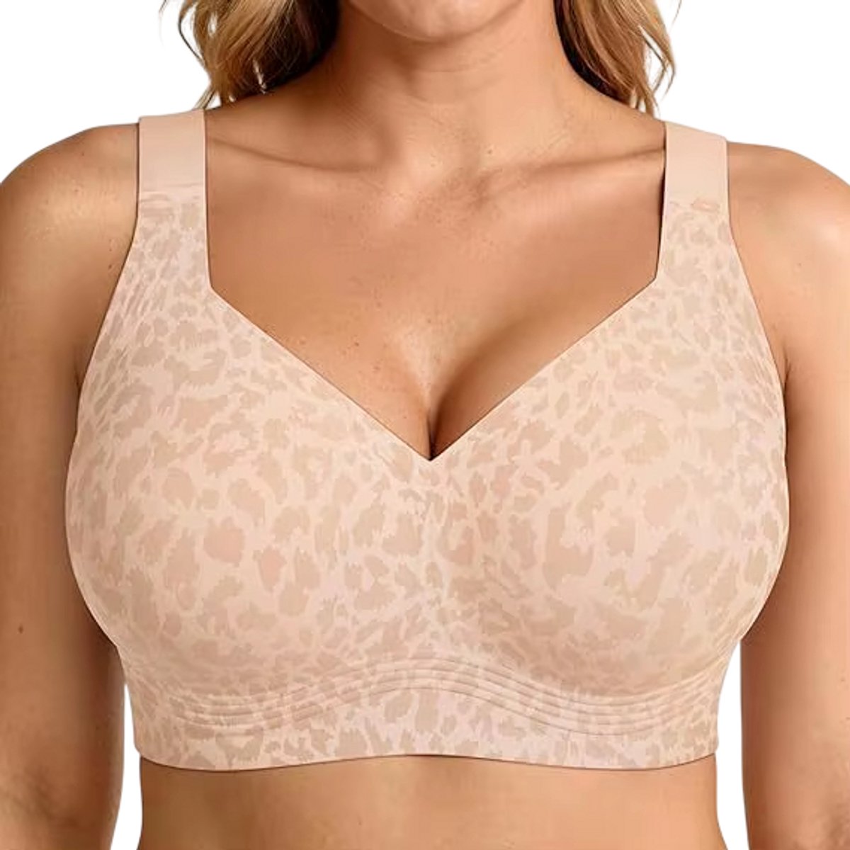 Dames Naadloze BH met Luipaardprint – Push-Up Beha Zonder Beugel - Comfortabele Liftende BH met Volledige Bedekking - Beige - Maat XXL
