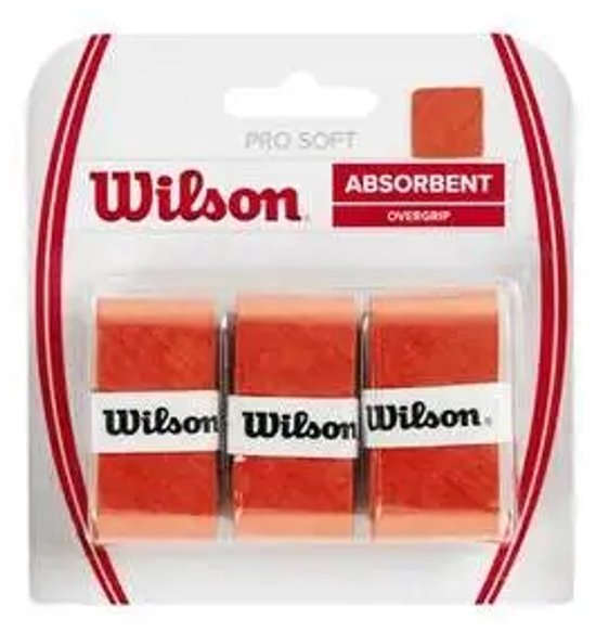 Een pakje met zes oranje Wilson Pro Soft overgrips, elk met het Wilson logo.