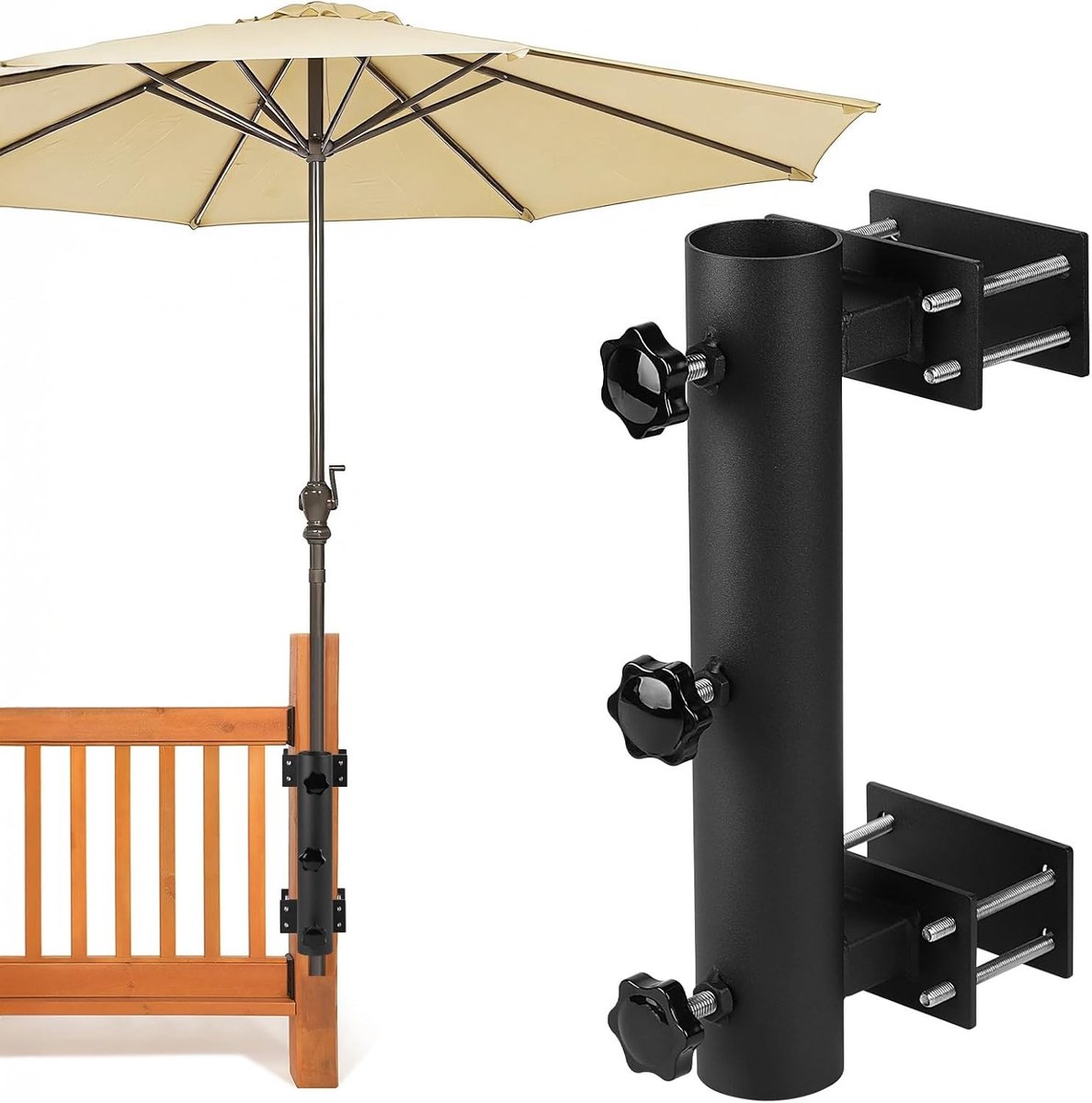 Parasolhouder voor balkon - Zwart - Verstelbare klembevestiging en schroefmontage - Duurzame buitenhouder voor parasols met 3-4,5 cm diameter