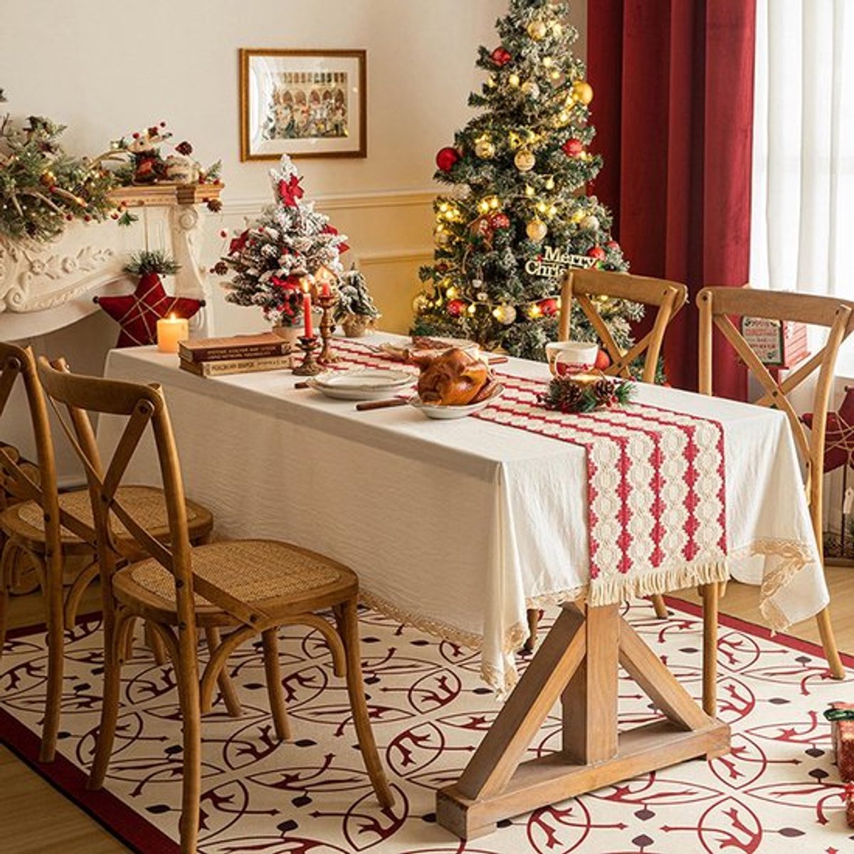 Tafelloper Rood-Beige - Wasbaar - Meervoudig Gebruik - Tafelkleed - Kerstdecoratie - 30 x 220 cm - Modern Landelijk Design
