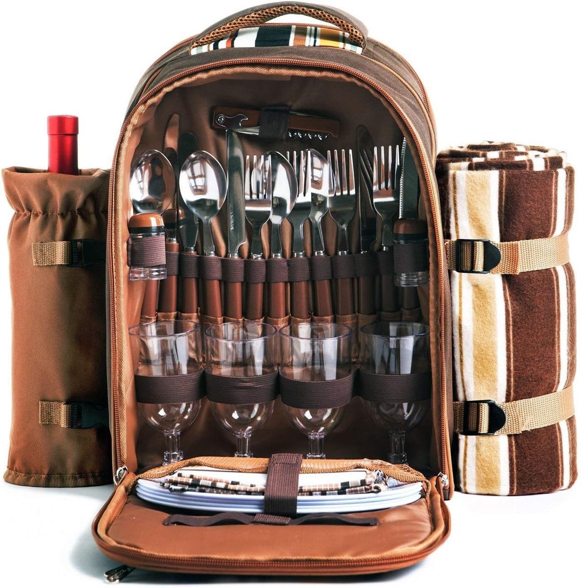 Picknickrugzakset - Bruin - Voor 4 Personen - Nylon Met Geïsoleerd Koelvak - Inclusief Servies en Fleece Deken