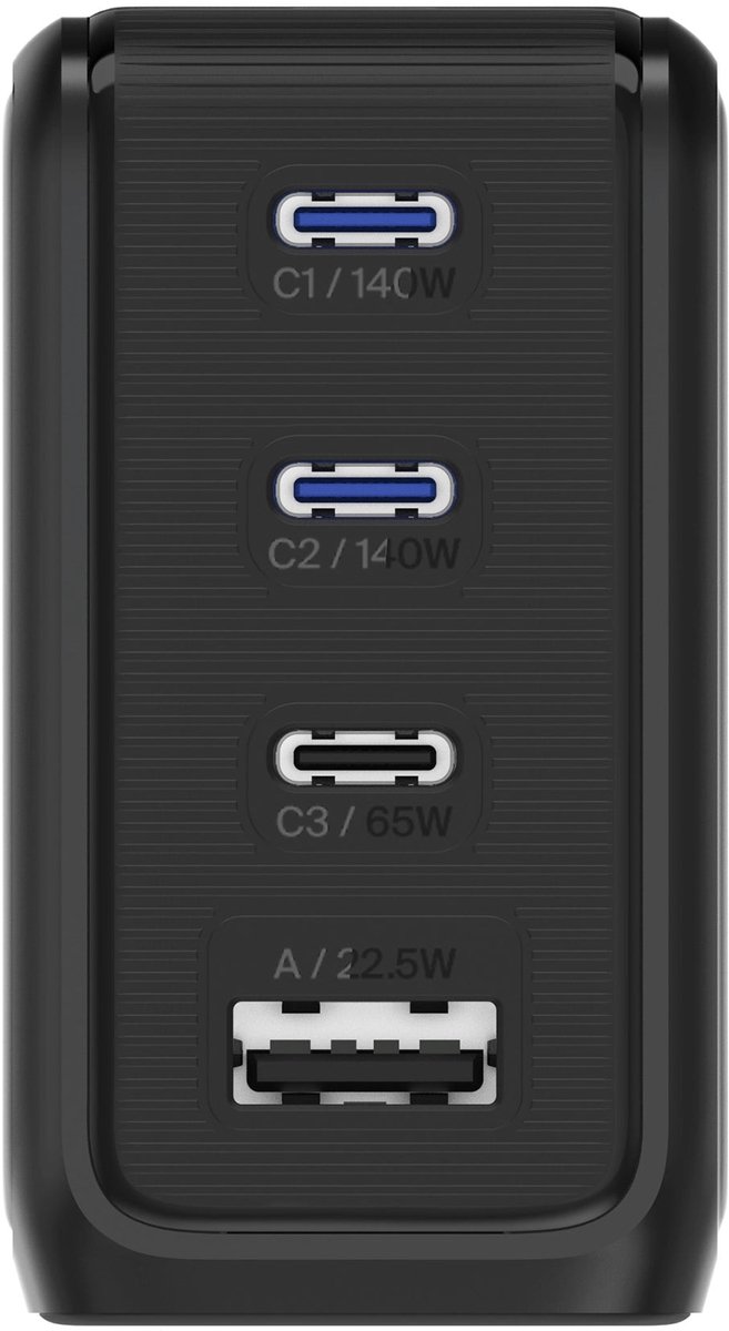 BMX GaNsta Laptop Travel Oplader met LCD Display – 140W PD 3.1 Snel Opladen – 4 Poorten voor Meerdere Apparaten – Wereldwijd Bruikbaar met Meegeleverde Adapters - Zwart
