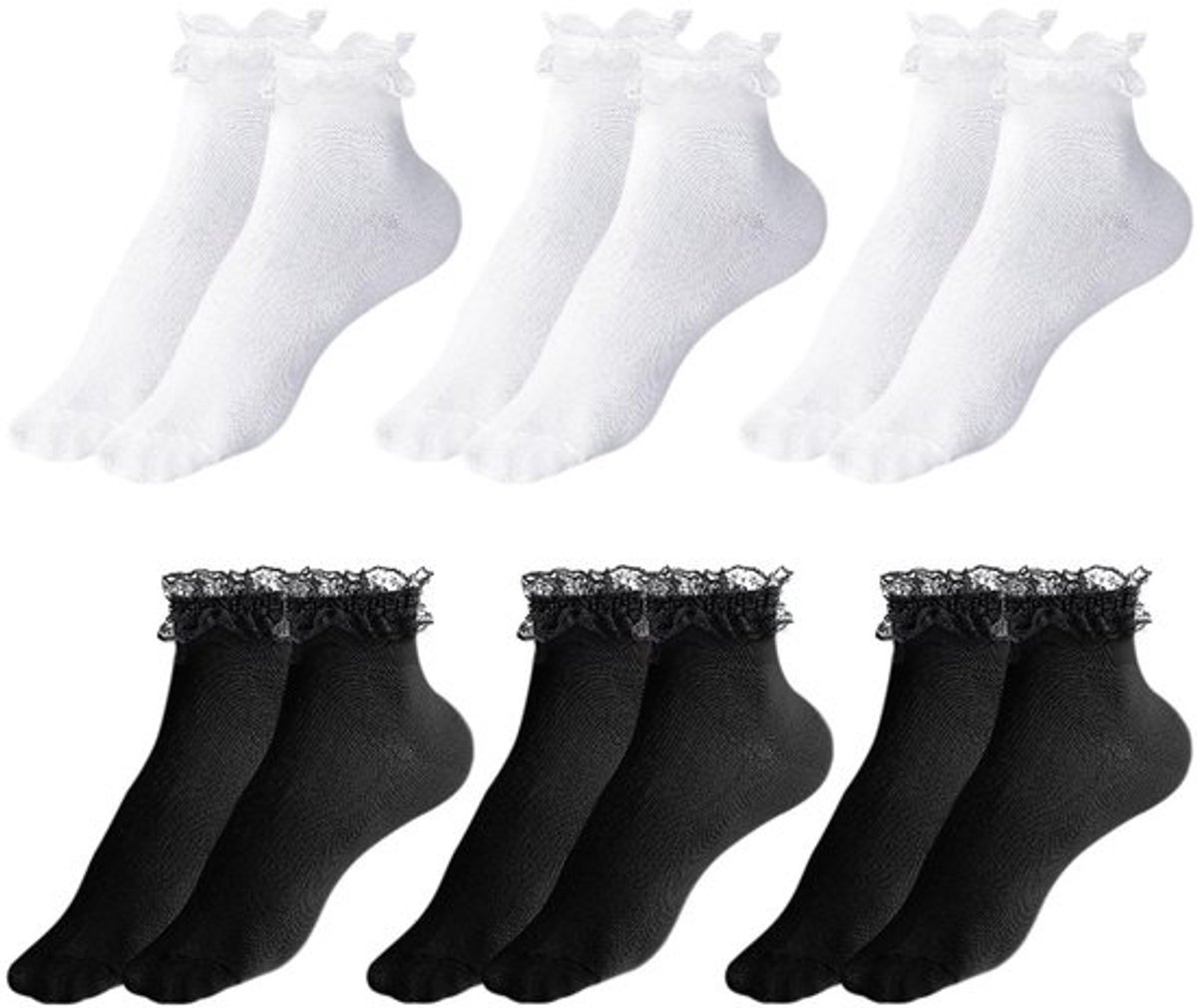 Enkelsokken 6 Paar - Zwart-Wit - Dames - Katoenen Ruches - Kanten Sokken - Ballet Sokken - Geschikt voor Jurk