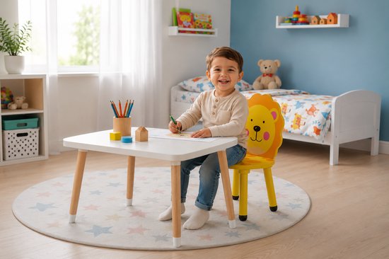 Een lachende jongen zit aan een wit kindertafeltje met een gele leeuwenstoel met rugleuning.