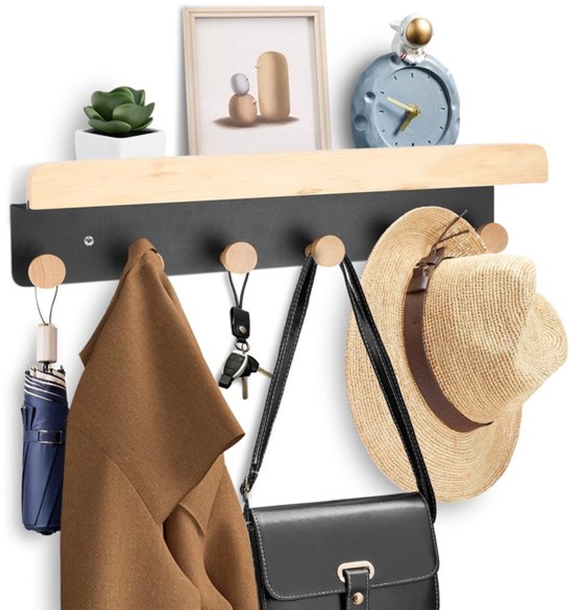 Sleutelrek Wandrek met Haken - Houten Sleutelhouder - Muurbeugel voor Entree - 6 Houten Haken - Ruimtebesparend - 39 x 8 x 9 cm