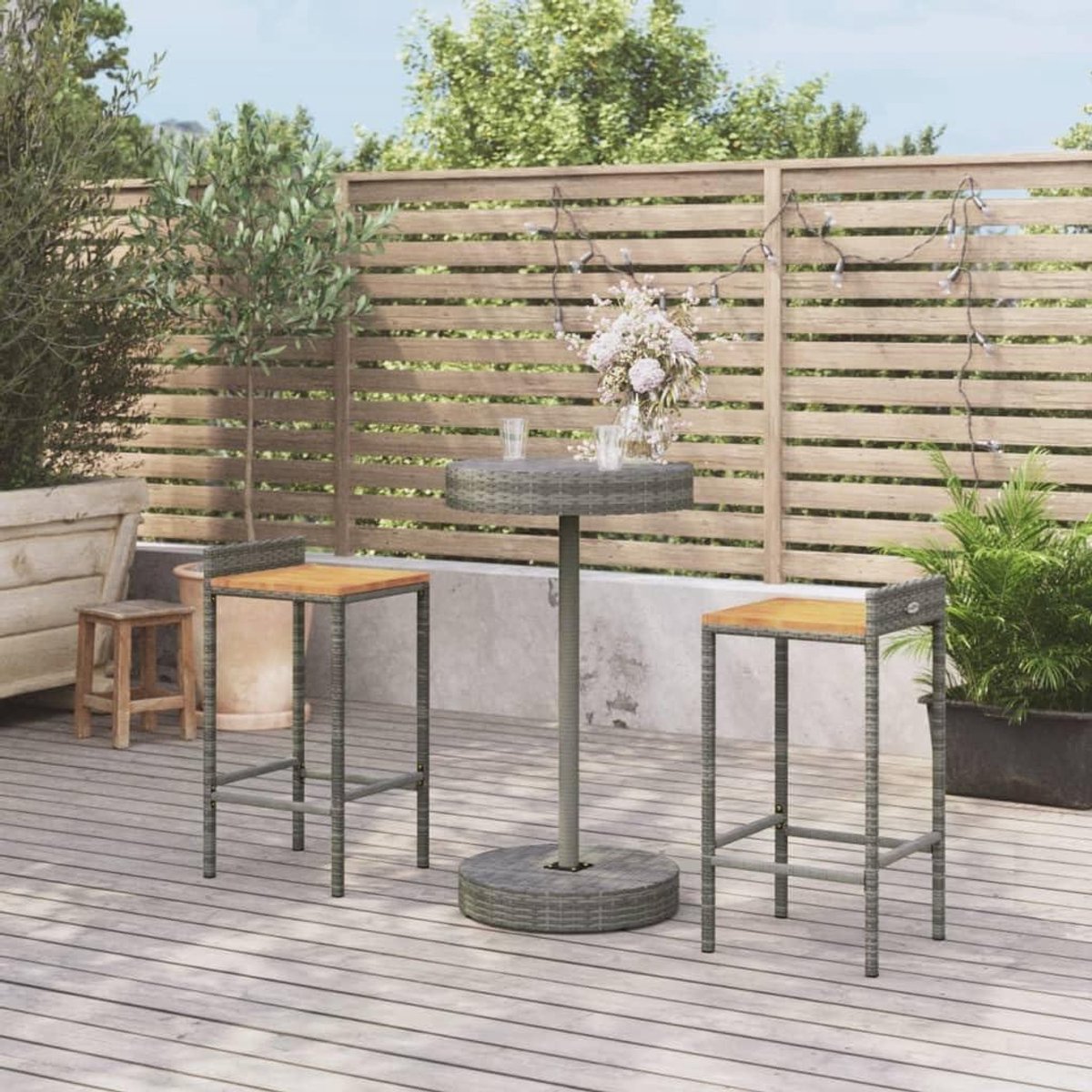 Tuinbarset 3-delig - Buitenmeubel set - Buiten Ontspannen - Polyrotan met Hout - 40 x 44 x 86 cm - Grijs