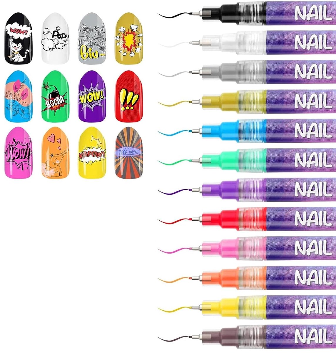 Nail art marker set - snel drogende acrylverfpen - fijn lijnen en stippen - voor DIY-nagelkunst - tekengereedschap - voor nail art-liefhebbers - meerkleurig - one size - 12 stuks