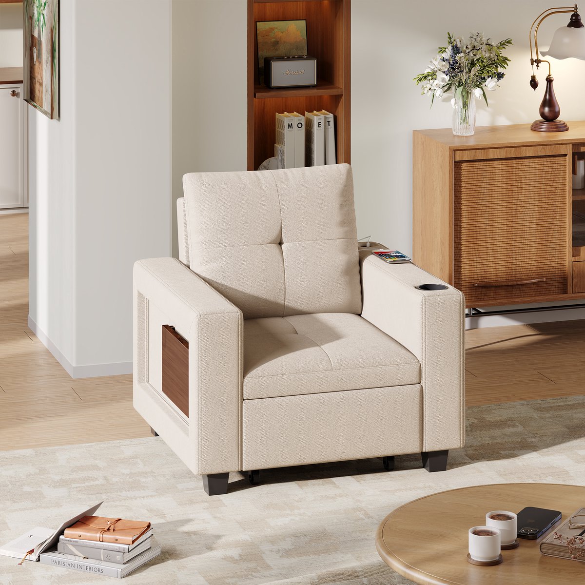 Slaapfauteuil 3-in-1 Crème Chenille, Verstelbare Rugleuning, USB, Zijtafel & Bekerhouder