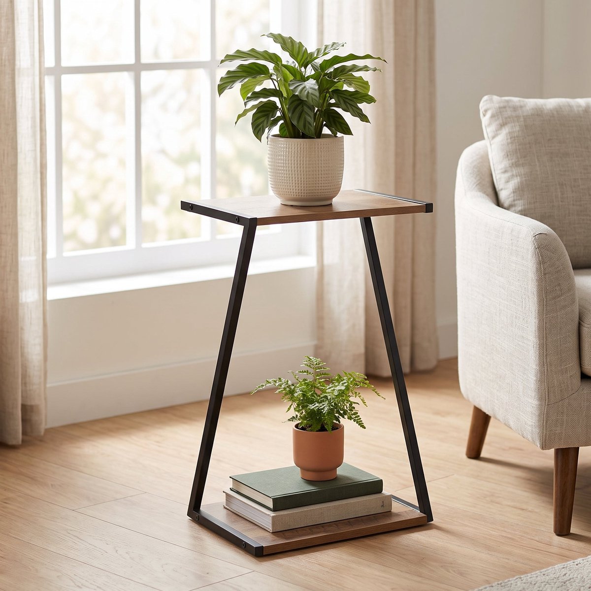 Cheqo® Plantenstandaard - Plantentafel - Bloempothouder - Plantenkruk - Plantenrek met 2 Niveaus - Plantenhouder - Plantentafeltje voor Binnen - Bloempot Standaard - Plantenzuil - Bijzettafel - Industrieel Design voor Woonkamer en Balkon