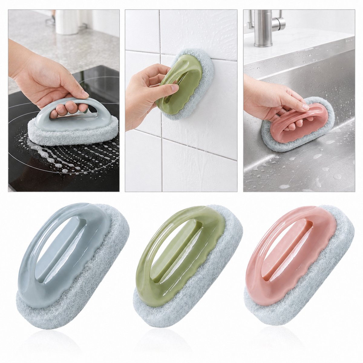 Namajunas - Schoonmaakborstel met Handvat Set van 3 - Ergonomische Schuurspons voor Keuken & Badkamer - Luxe Vezelborstel voor Tegels & Pannen - Pastel Kleuren - schrobborstel - reinigingsborstel - badkamer borstel