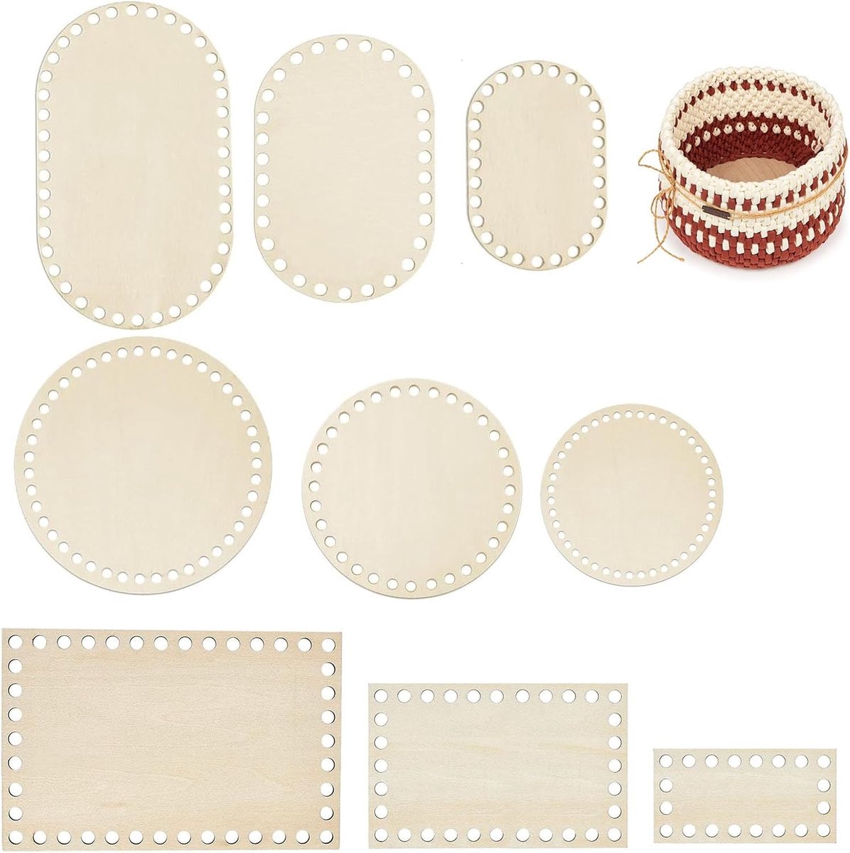 Set van 9 Houten Mandbodems voor DIY Tassen en Manden - Ronde, Ovale en Rechthoekige Vormen voor Creatieve Projecten en Vlechten