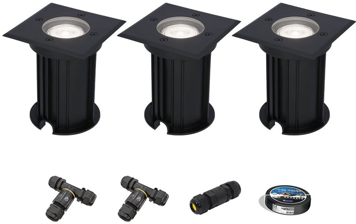 Set van 3 Ramsay LED Grondspots Vierkant - Dimbaar - GU10 - 6500K daglicht wit - 4W 345lm - Tuinspot - Zwart - IP67 waterdicht - Overrijdbaar voor de Oprit, Tuin en Terras - Inclusief installatiemateriaal (Kabel & connector)