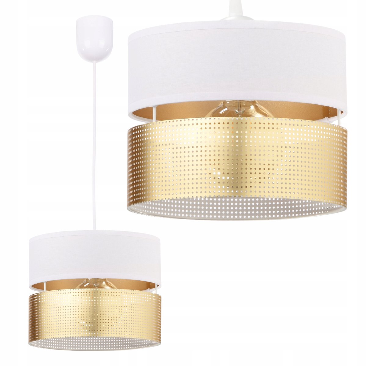 Gouden Hanglamp met Witte Kap en Perforaties - E27