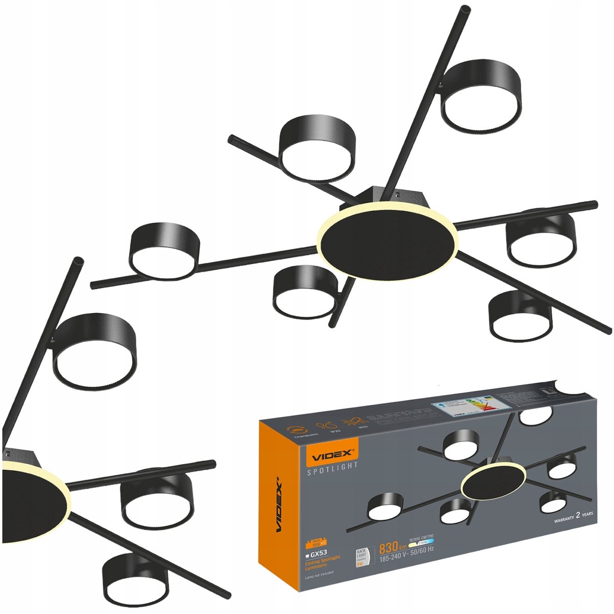Zwarte Plafondlamp met 6x GX53 Fitting en LED Accentverlichting