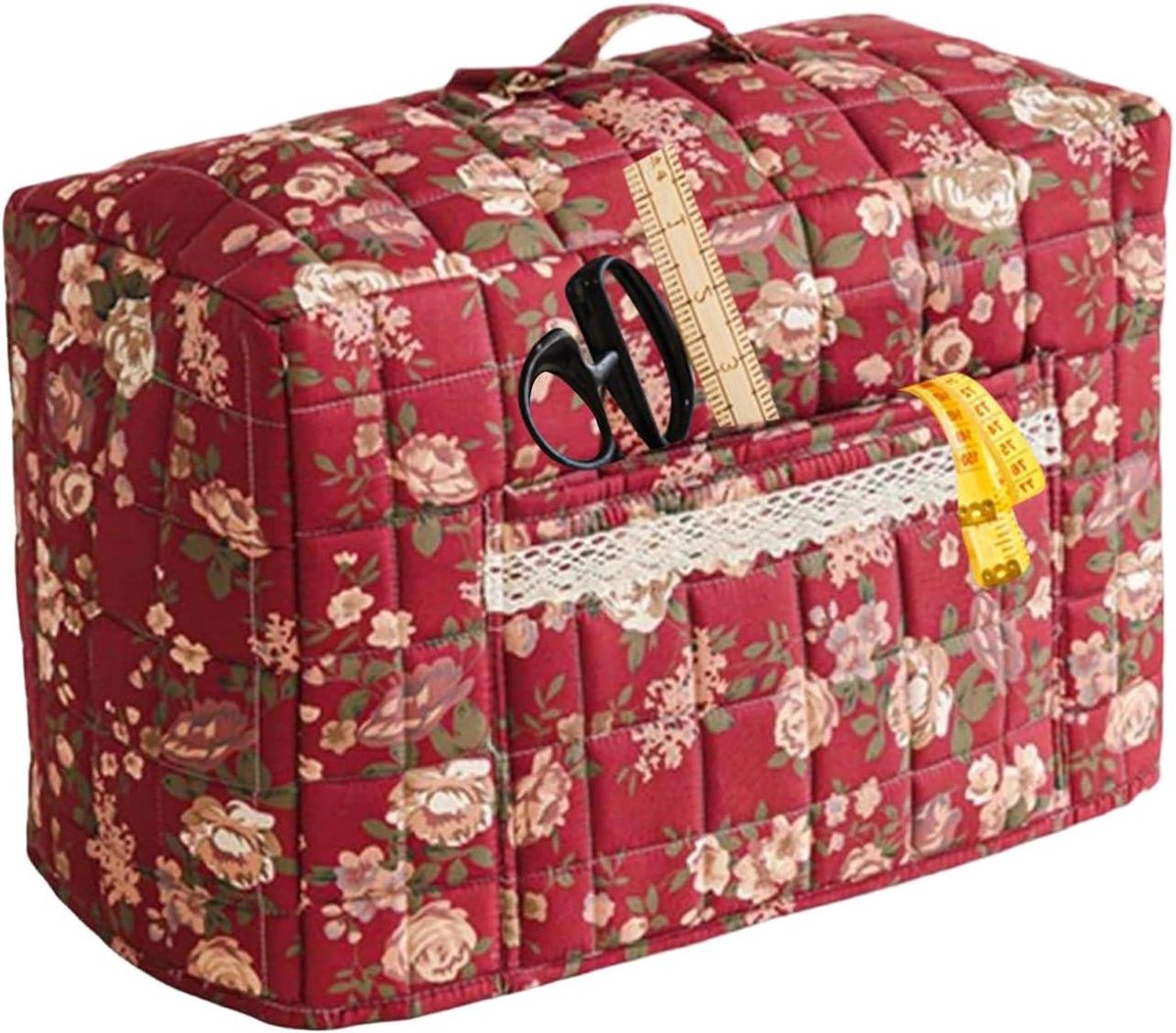Naaimachinehoes - Beschermhoes Machine - Naaiwerk Opbergen - Vintage Bloemenprint - 43 x 35 cm - Rood