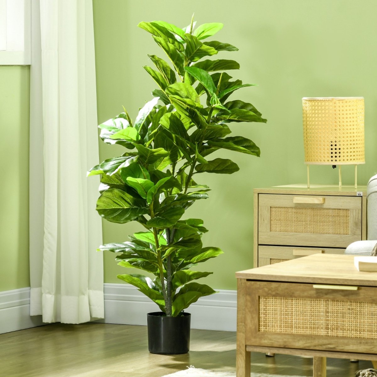 MIVRAY Kunstplant – Realistische Ficus Met 90 Bladeren – 110 cm – Kunststof – Groen – Voor Binnen En Buiten Met Pot