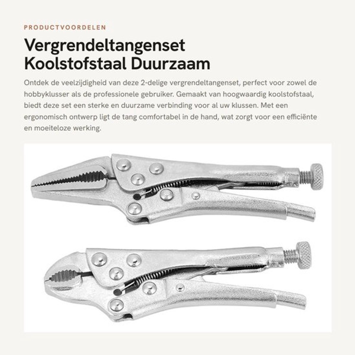 Vergrendeltangenset 2-delig - Koolstofstaal - Vaste klinknagels - Fijnafstelling - Ronde tanden - Schokbestendig ontwerp - Klem