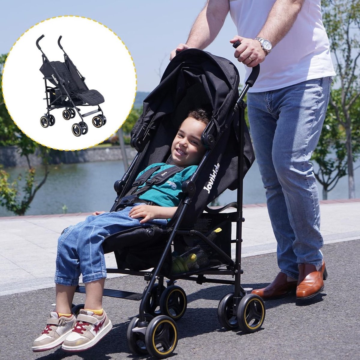 Wishdor Buggy compact opvouwbaar - Ligfunctie en verstelbare rugleuning - 22 kg - Zonnescherm en regenhoes - Zwart - 51 x 81 x 104,5 cm