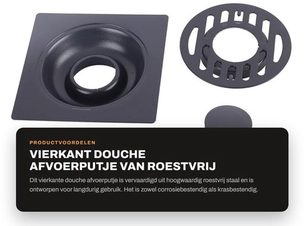 Afvoerputje Dubbellaags Ontwerp - Roestvrij Staal - Zwart - Afvoerputje Douche - Afvoerputje Buiten - Krasbestendig - 10x10x2,5 cm - Doucheputje