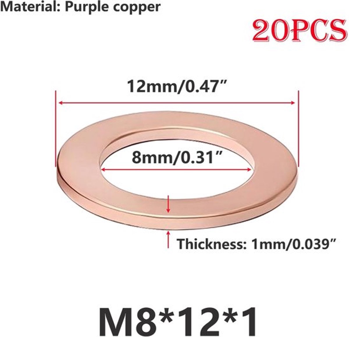 Afdichtringen 20 Stuks - Koperen Sluitringen - Platte Ringen - ID 8 mm - OD 12 mm - Duurzaam Materiaal