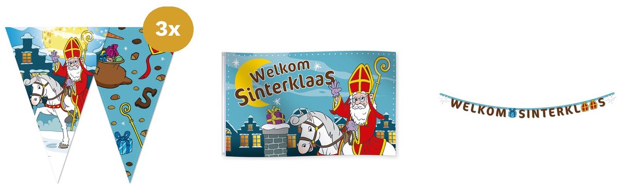 Sinterklaas Versiering Buiten Set XL - 3x Vlaggenlijn 10m, Gevelvlag 150x90cm & Lettervlag Banner 2m - Straat & Gevel Decoratie