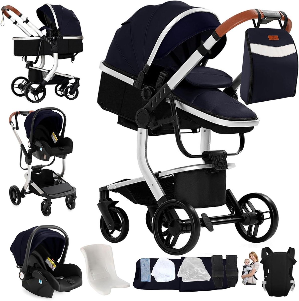 Kinderwagen 3-in-1 - Combi kinderwagen - Baby vervoeren - Dubbele duwmodus - 83 x 62 x 106 cm - Zilverblauw