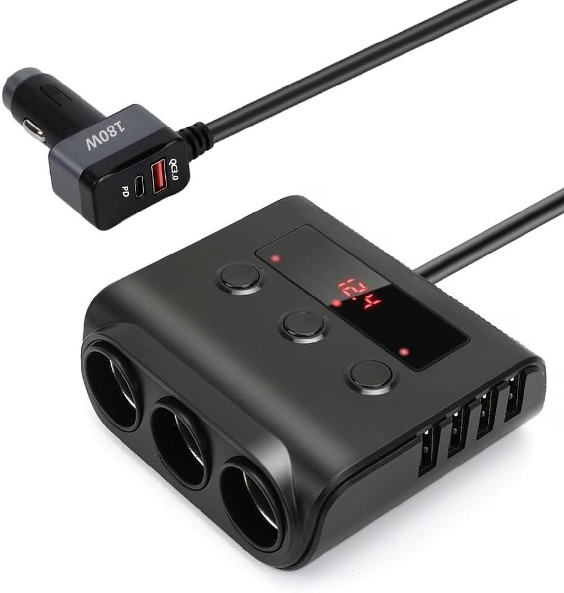 Multi Stopcontact Sigarettenaansteker Adapter - Zwart - M - 9-in-1 USB PD 3.0 Splitter - Voor Auto en Mobiele Apparaten