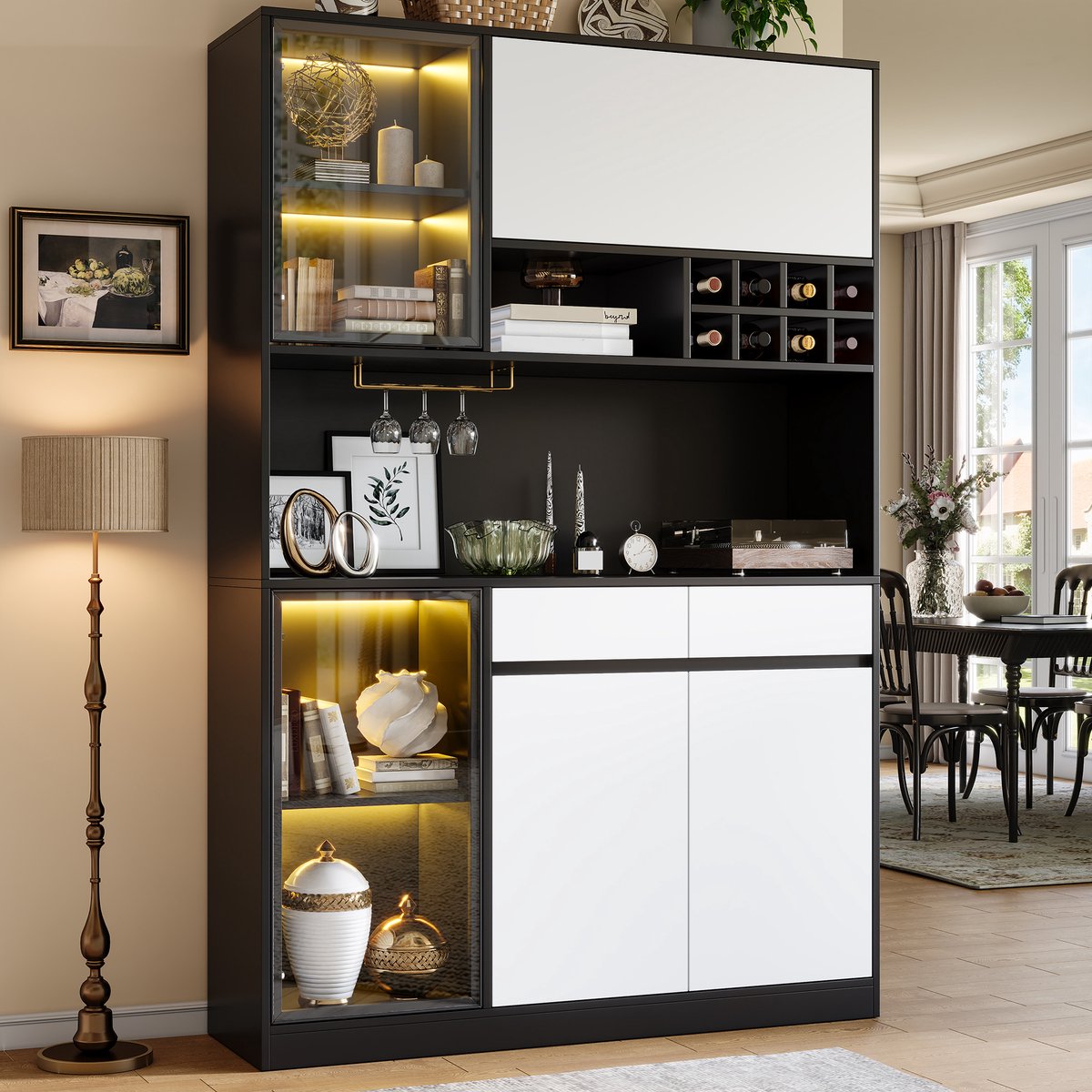 Pugsdrly Multifunctionele hoge kast met led-verlichting, vitrinekast, dressoir, opbergkast met deuren en lades, moderne woonkamermeubels voor de keuken, eetkamer en kantoor
