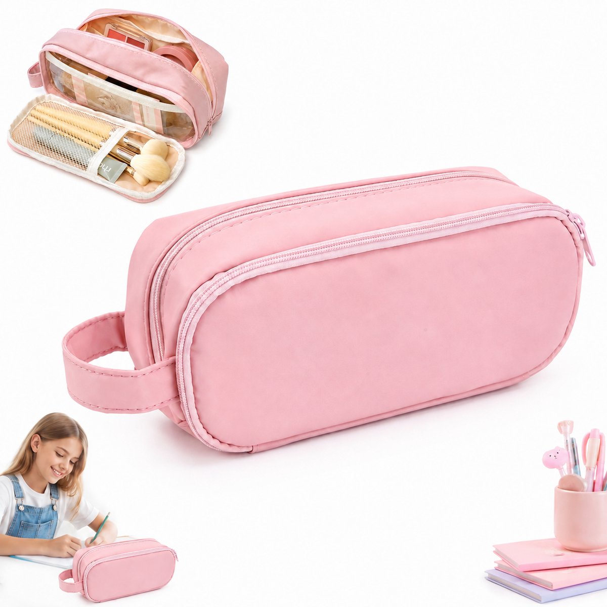 Etui - Pennenzak - Waterdichte Etui Met Handvat - Grote Capaciteit - Meerlaags - Etui Meisjes - Voor School En Kantoor - Roze