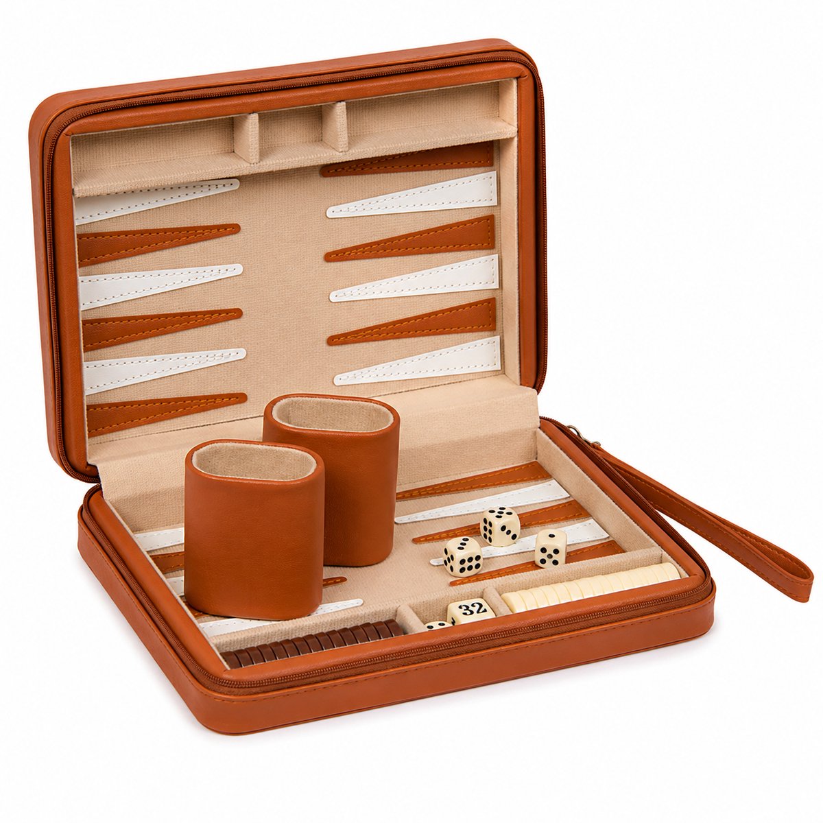 Backgammon Spel in Luxe Leren Etui – Compleet Reisspel met Speelstenen, Dobbelstenen & Bekers – Bruin Draagbaar Backgammon Bordspel voor Thuis, Vakantie & Cadeau – Cognac