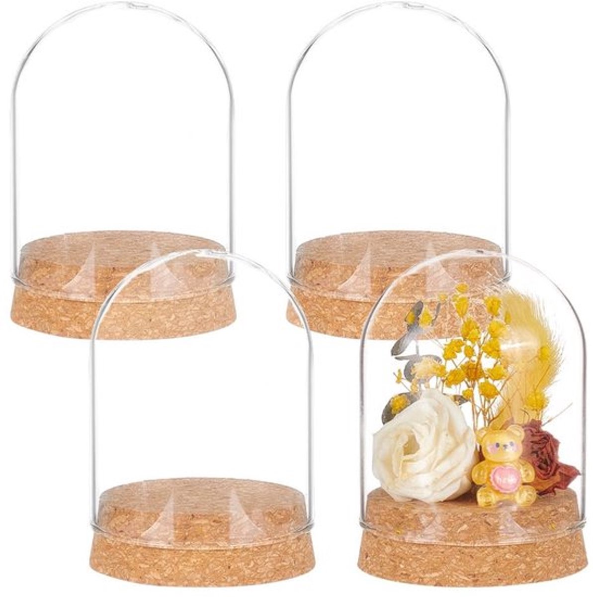 Glaspot Set van 4 - Glazen Koepel - Tafeldecoratie - Houten Basis - 65,5x81,5 mm - Hoogwaardig Glas - Cloche
