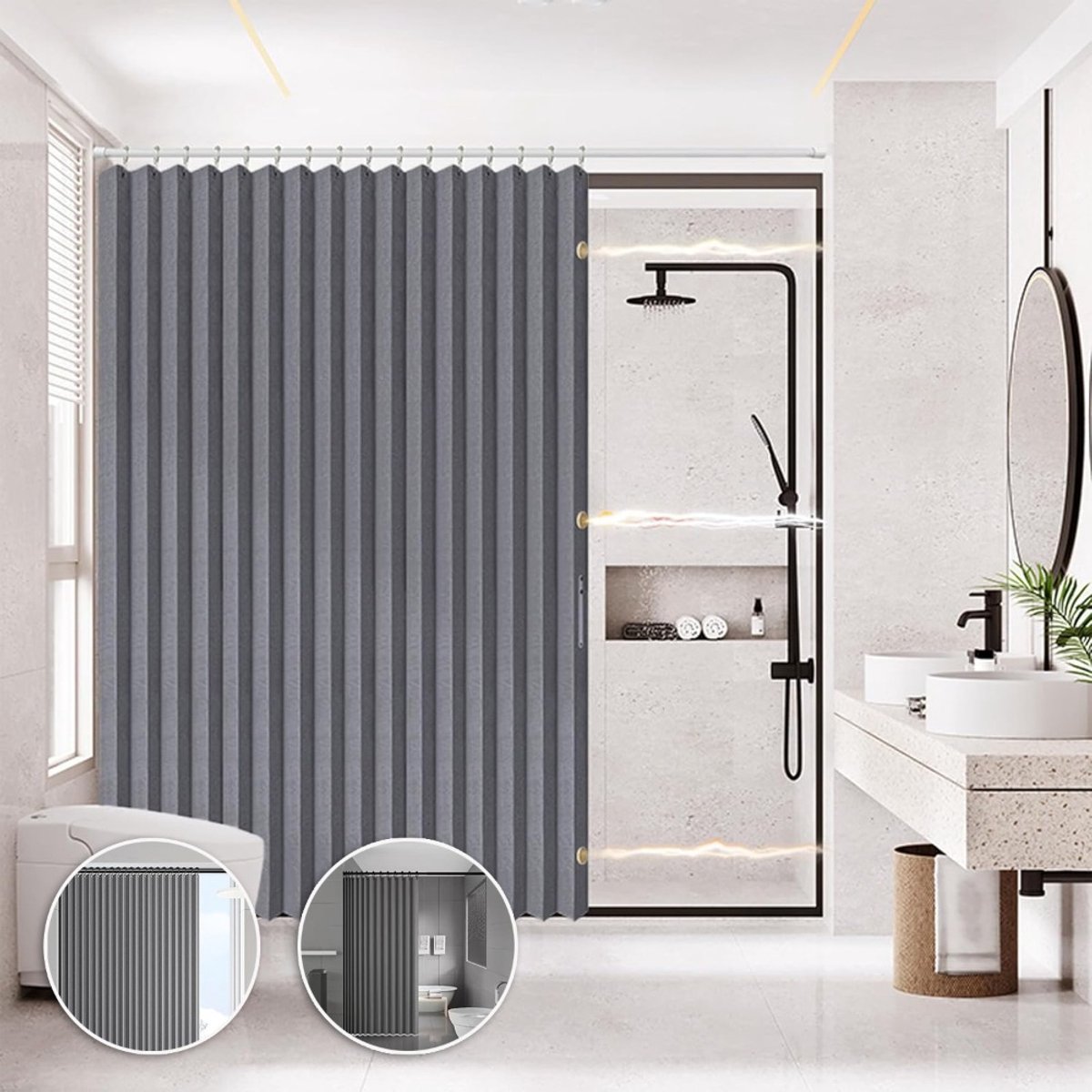 Douchegordijn Met Magnetische Sluitingen En Haken - Linnenmix Schimmelwerend Sneldrogend Vochtwerend - Voor Badkamer En Studentenkamer - Onmisbaar Voor De Start Van Het Schooljaar - Grijs