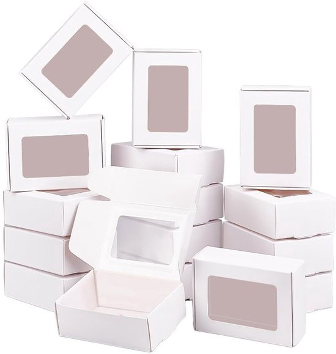 Kussendoosjes 30 stuks - Kraftpapier - Doorzichtig venster - Verpakkingsdozen voor gebak - Koekjes/cake/snoep - 8,5 x 6 x 3 cm