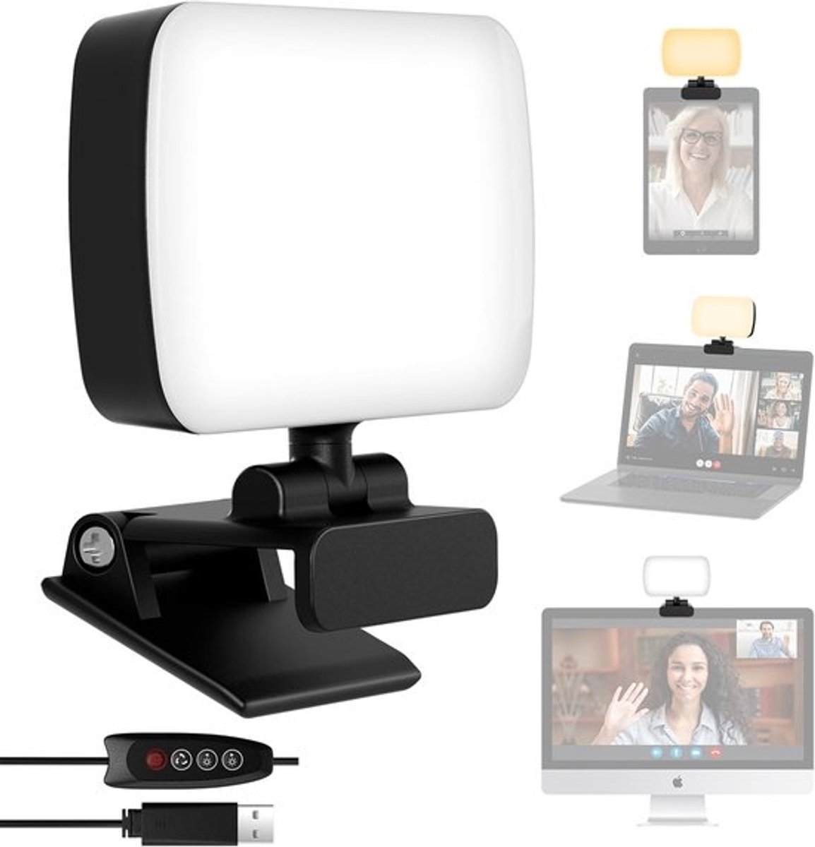SnelShoppen - Video Conferentie Lamp met Clip & USB-kabel, 120 LED's, 3 Kleuren, 10 Helderheidsniveaus, 360° Draaibaar, Perfect voor Streaming, Zoom M