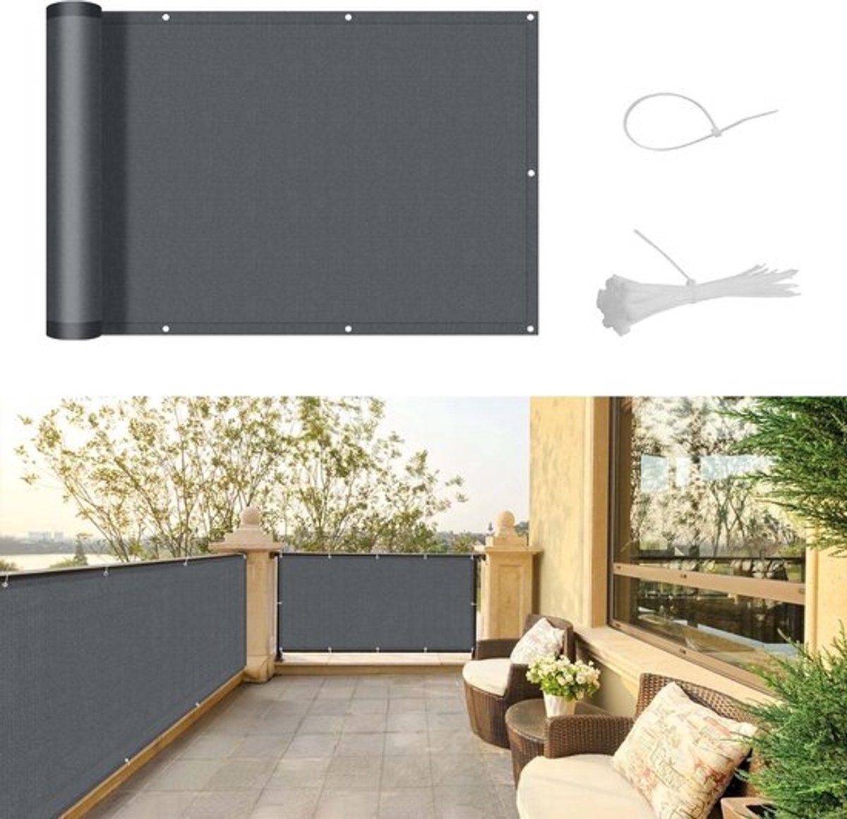 SnelShoppen - Balkonafscheiding 90x600cm Waterdicht Privacy Screen Opaak Balkon Scherm Met Oogjes Windbescherming UV Bescherming Voor Balkon Tuin Terr